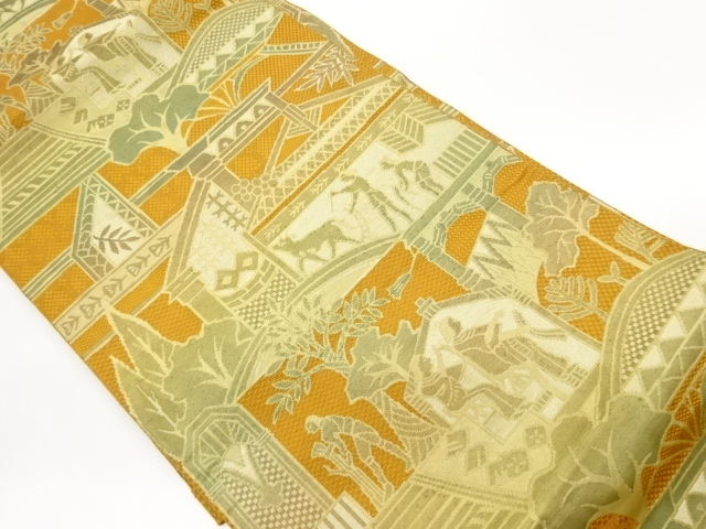 本場筑前博多エジプト人物に建物・木々模様織出し名古屋帯